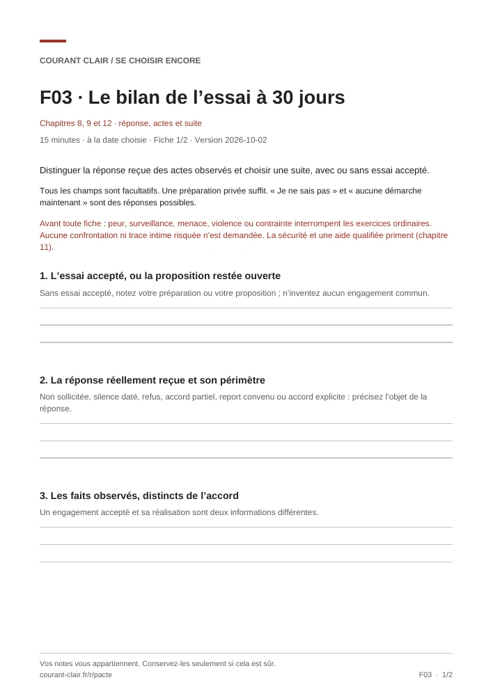 Première page de Le bilan de l’essai à 30 jours
